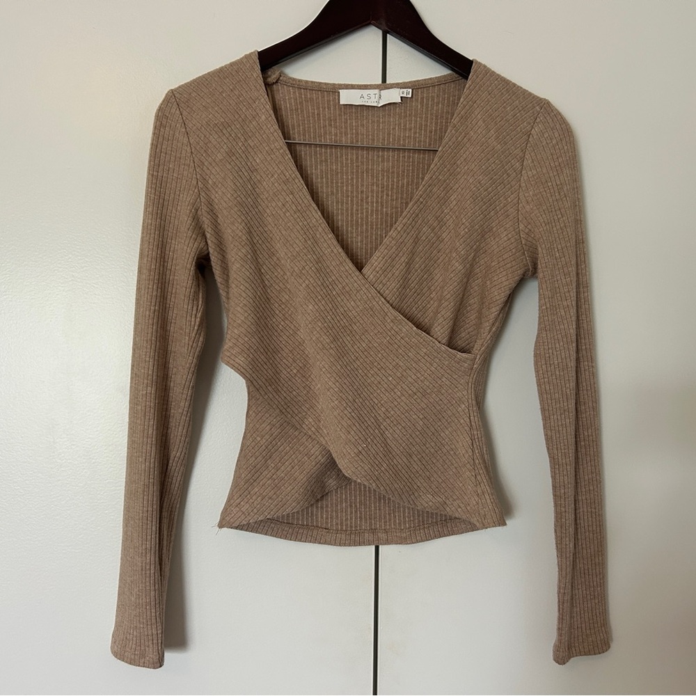 Astr Beige Ribbed Wrap Top